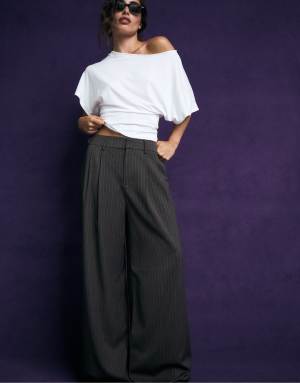 Stradivarius Striped wide-leg trousers in grey