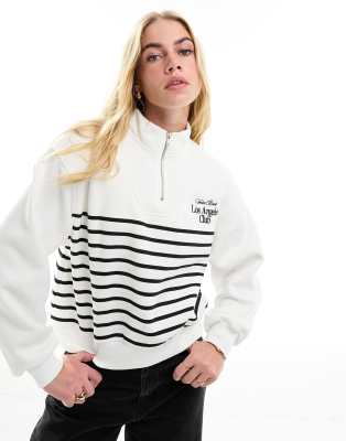 Stradivarius Stripes Quarter Zip Sweater In White