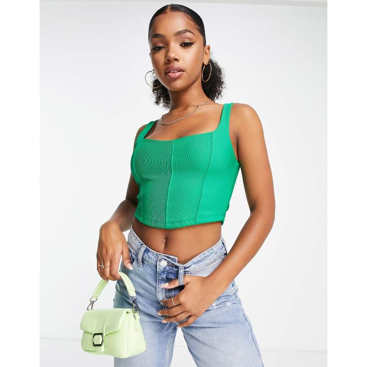 Stradivarius structured rib corset top in green | ASOS