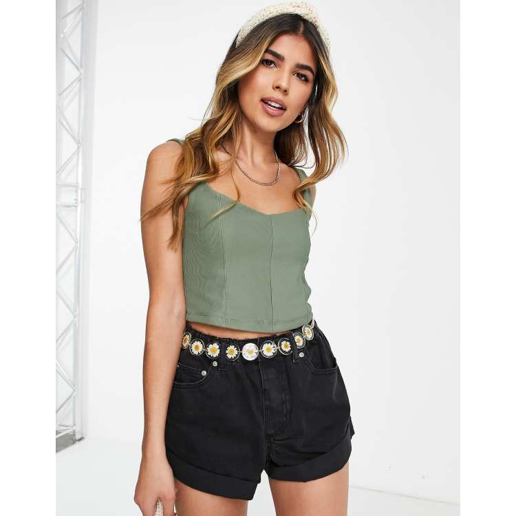 ASOS DESIGN capped sleeve corset top with seaming detail in khaki