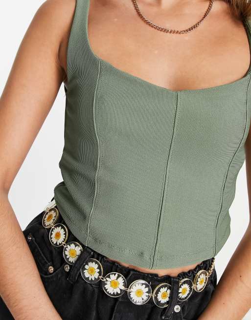 Stradivarius structured rib corset top in khaki