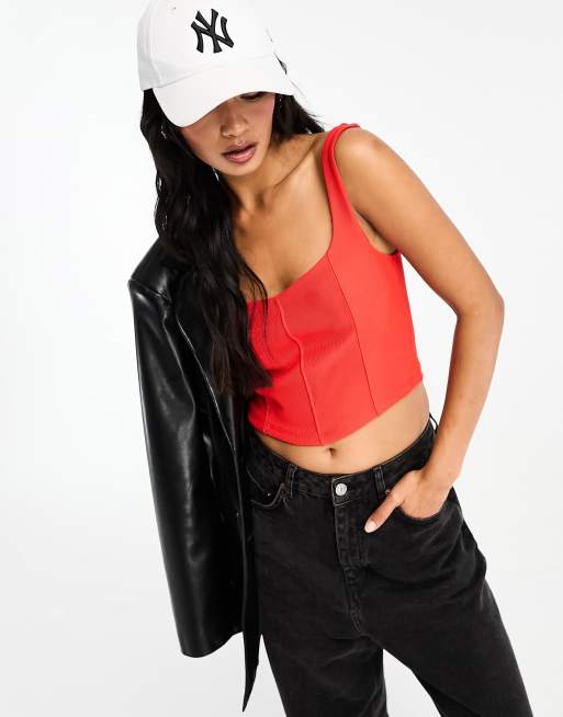 Stradivarius structured rib corset top in red