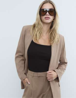 Stradivarius - Strukturierter, offener Blazer in gestreiftem Beige-Neutral