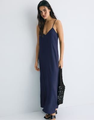 Strukturiertes Midikleid in Dunkelblau mit Riemchenträgern-Navy Navy S