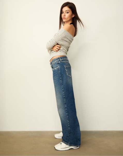 Stradivarius Studded baggy jeans in medium light blue denim