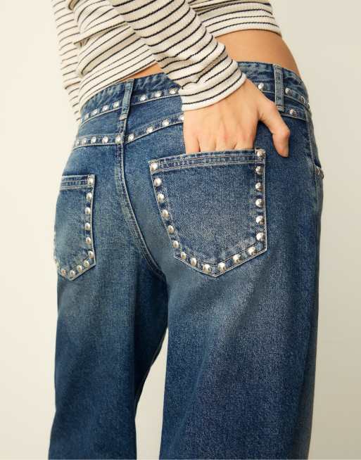 Stradivarius Studded baggy jeans in medium light blue denim | ASOS