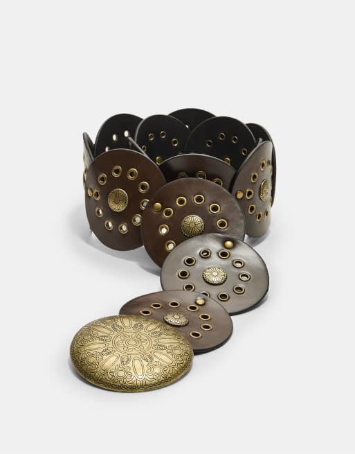 Stradivarius Studded belt with plate in brown, 2 of 3