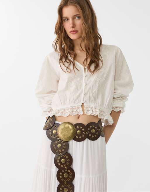 Stradivarius Studded belt with plate in brown, 3 of 3