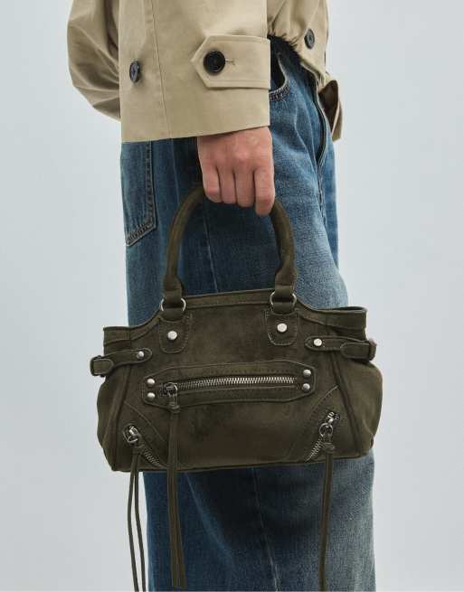 Stradivarius Studded city bag with zip pullers in khaki, 3 of 4