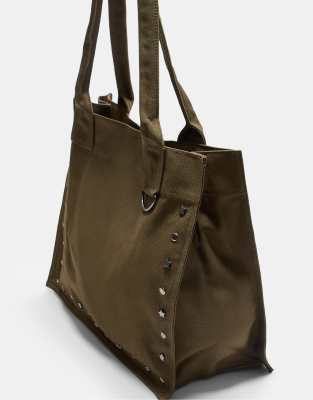  Studded fabric tote bag in khaki