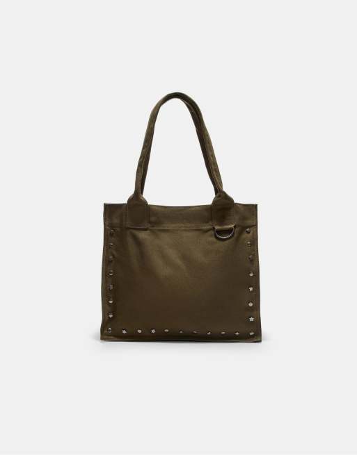 Stradivarius Studded fabric tote bag in khaki ASOS