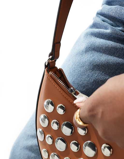 Stradivarius studded half moon bag in brown | ASOS