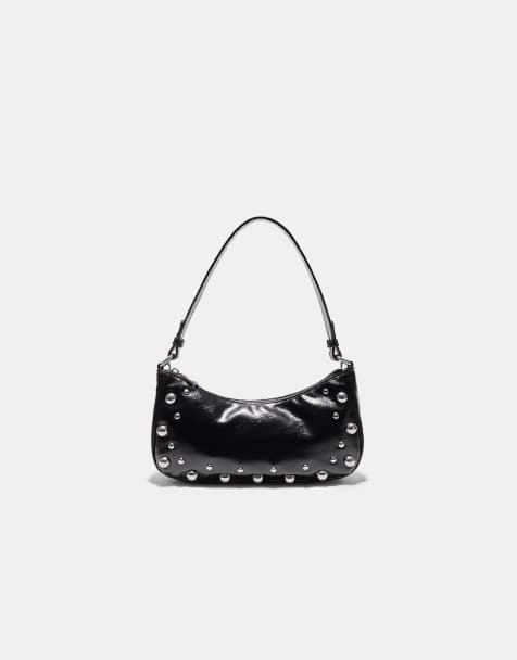 Stradivarius Studded half-moon shoulder bag in black - view 1