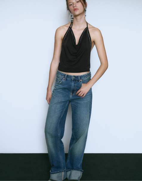 Stradivarius Studded halter top in black