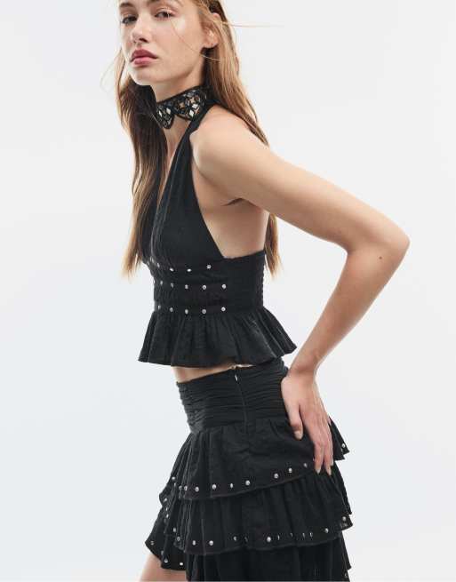 Stradivarius Studded halter top in black, 2 of 4