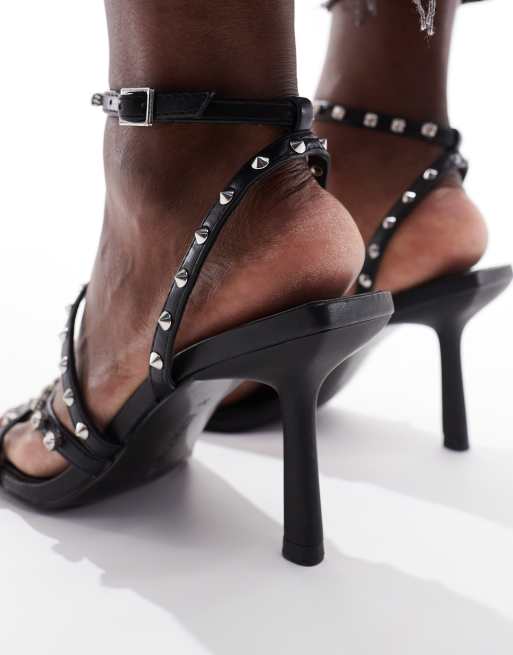 Stradivarius studded heeled sandal in black