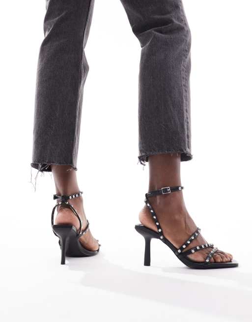 Stradivarius studded heeled sandal in black