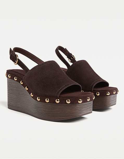 Stradivarius Studded leather platform wedges in brown - view 1