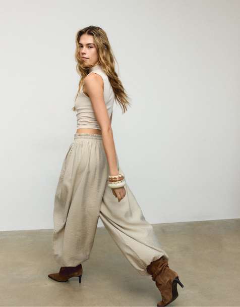 Stradivarius Studded sarouel trousers in khaki