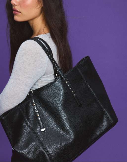 Stradivarius Studded shopper bag with handles in black, 3 of 4