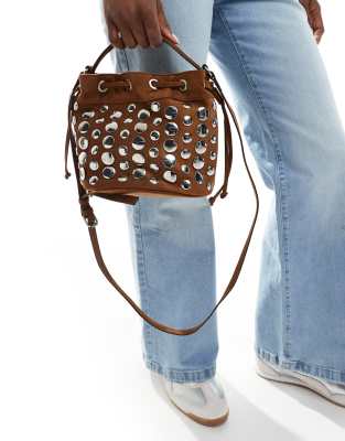 Stradivarius Studded Shoulder Bag In Brown