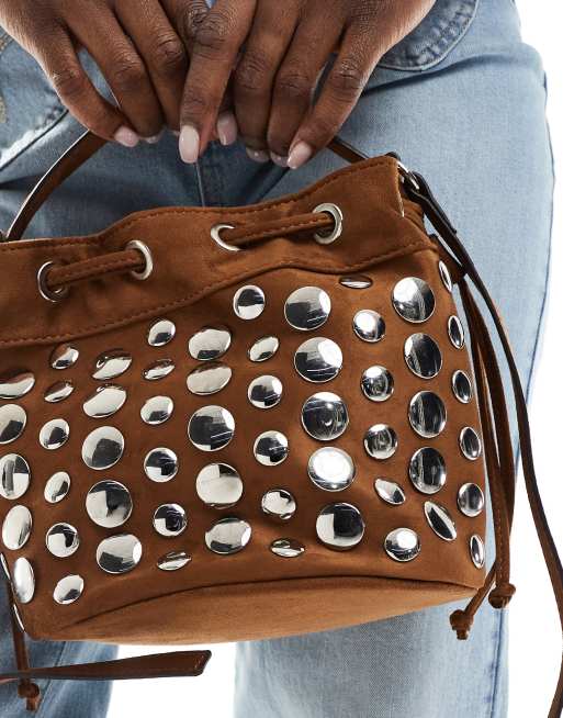 Stradivarius studded shoulder bag in brown | ASOS