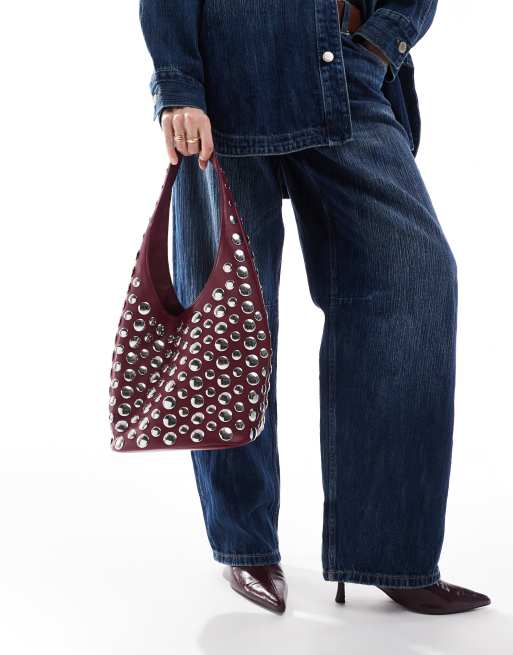 Stradivarius studded shoulder bag in burgundy, 3 of 3