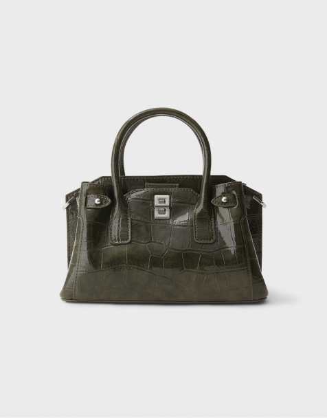 Stradivarius suède crossbody tote tas met sluiting in kaki - view 1