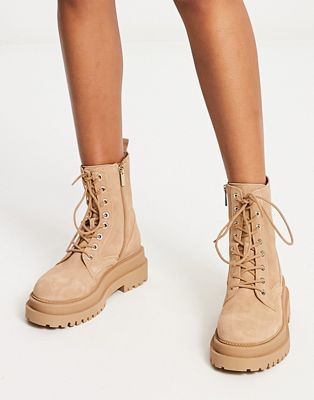 Stradivarius suede lace up boot in beige