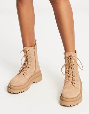 Stradivarius suede lace up boot in beige