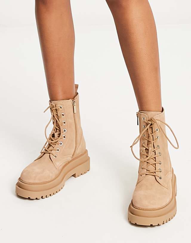 Stradivarius suede lace up boots in beige