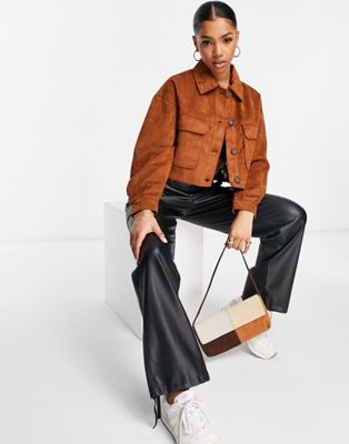 Stradivarius suedette cropped jacket in chocolate
