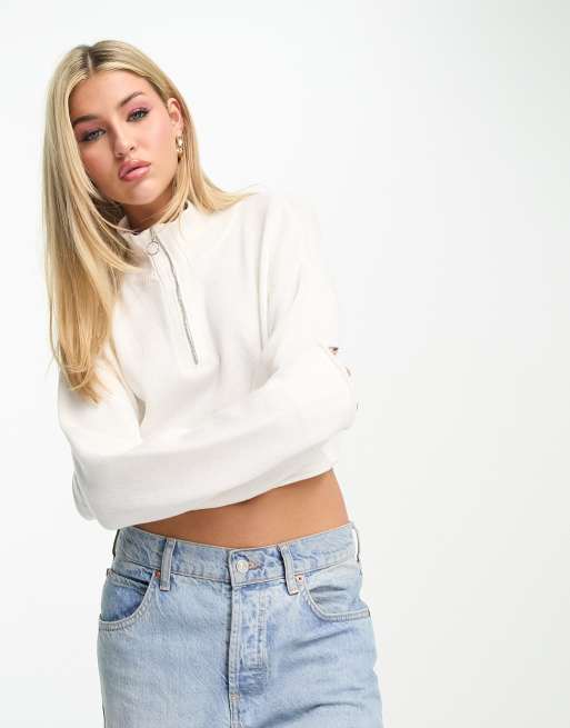 Stradivarius super cropped quarter zip jumper in ecru