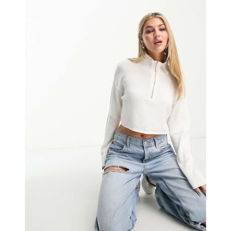 Stradivarius super cropped quarter zip sweater in ecru