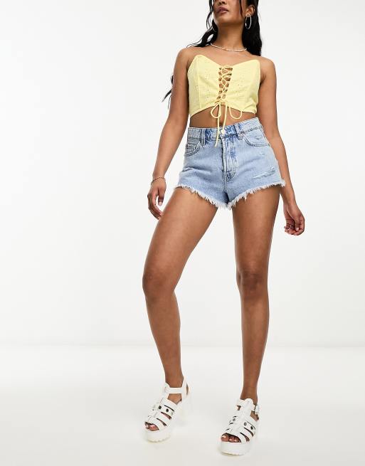 Petite Light Blue Wash Frayed Hem Denim Shorts