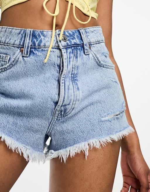 Rhinestone Frayed Light Wash Denim Shorts In LIGHT BLUE