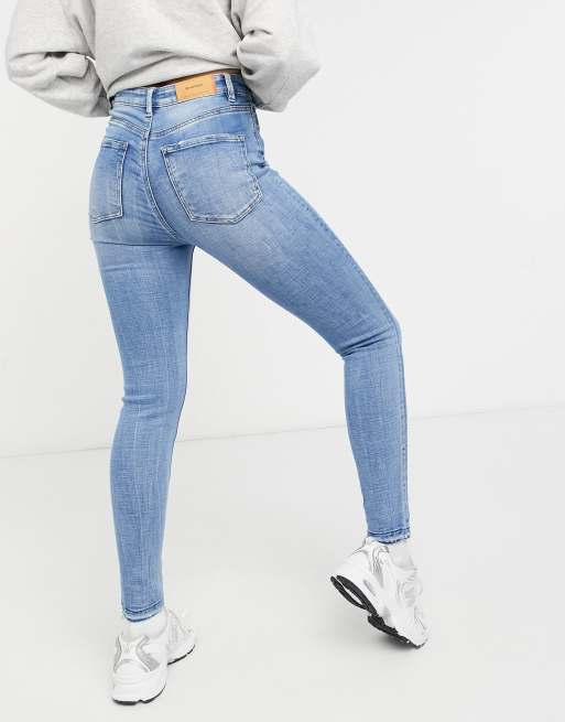 Stradivarius Petite super high waist skinny jean in in light blue