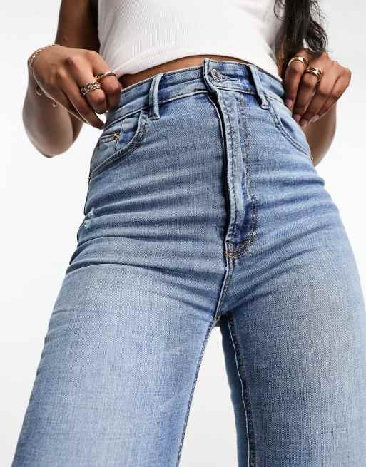 Stradivarius super high waist jeans in mid wash