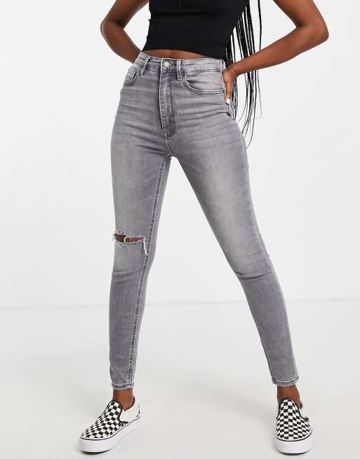 Stradivarius super high waist skinny jean with rip in grey