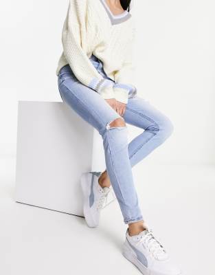 Stradivarius super high waist skinny jean with rip in light blue