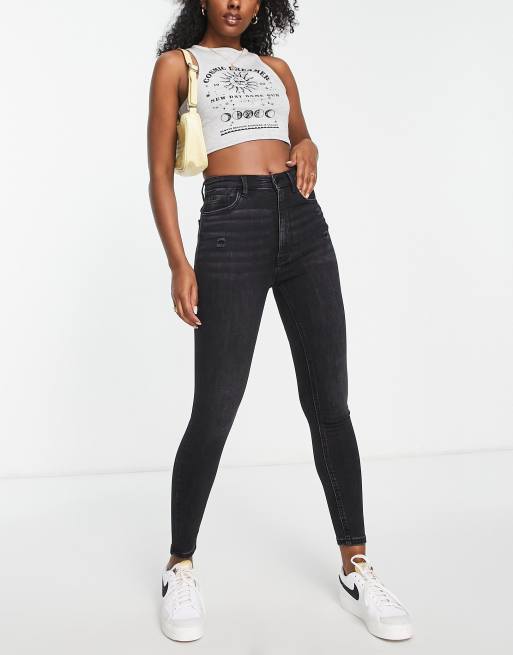 Stradivarius super high waist skinny jeans in washed black
