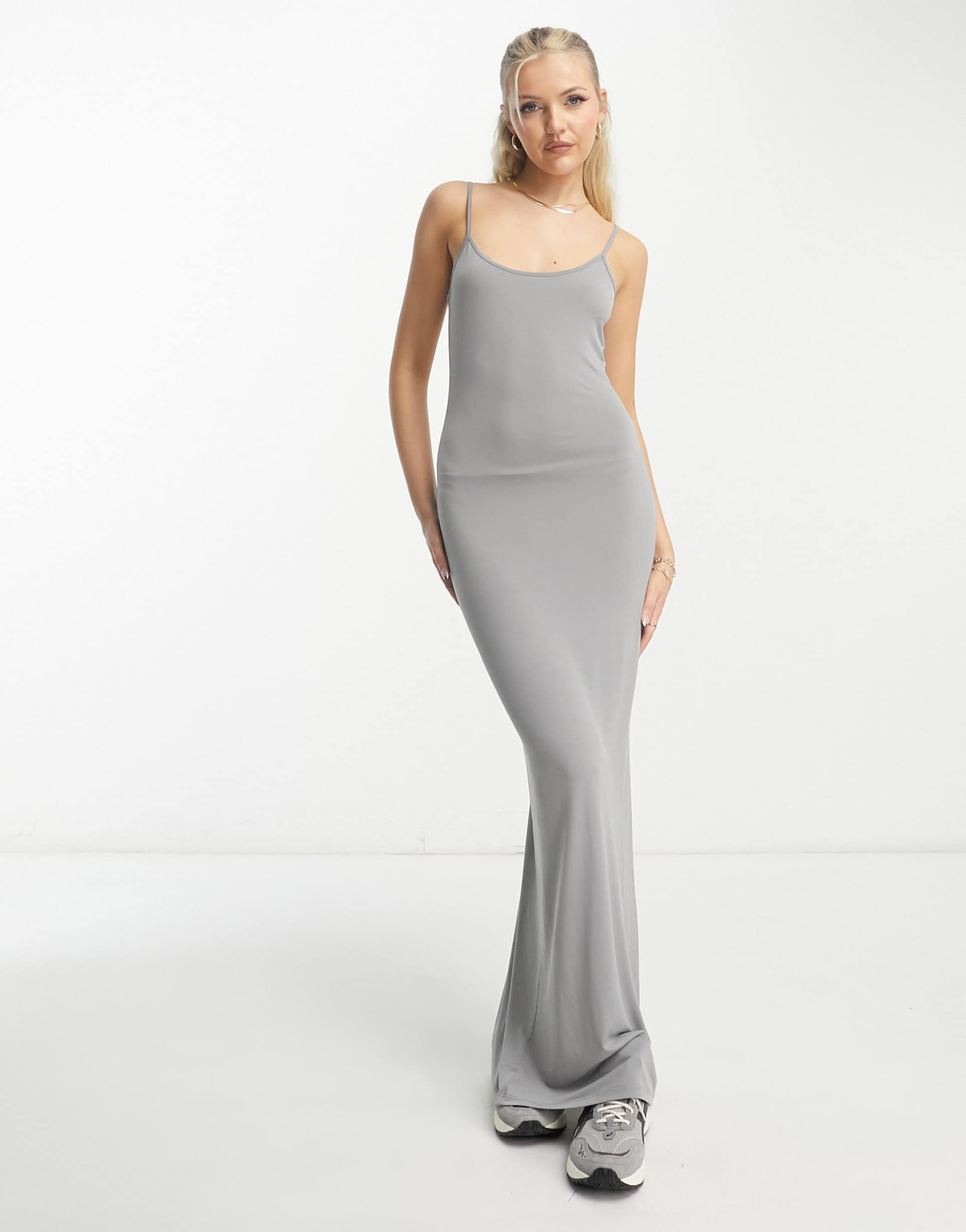 stradivarius super soft cami maxi dress in slate gray