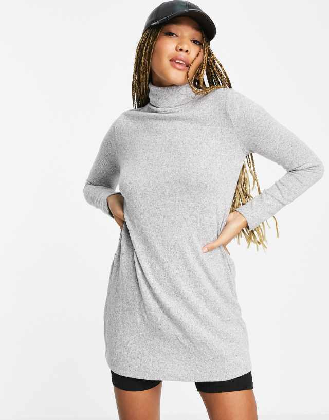 Stradivarius super soft roll neck knit mini dress in light gray