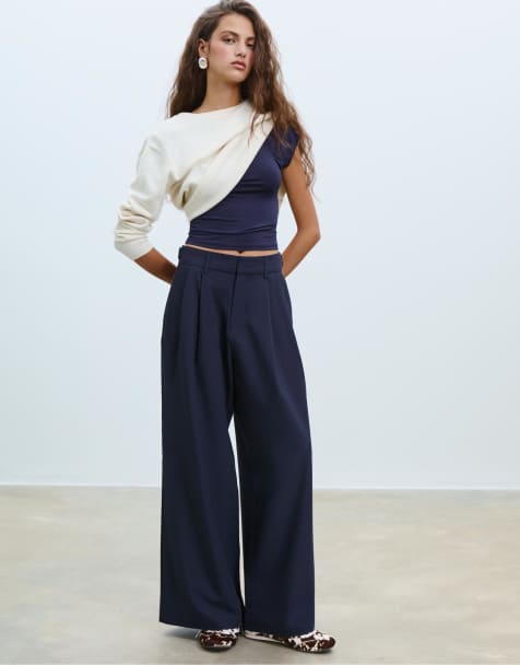 Stradivarius Super wide-leg adjustable trousers in dark blue