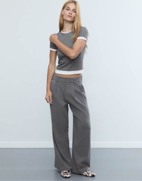 Stradivarius Super wide-leg adjustable trousers in dark grey