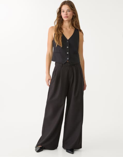 Stradivarius super wide leg adjustable waist trousers in black