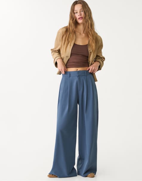 Stradivarius super wide leg adjustable waist trousers in sky blue