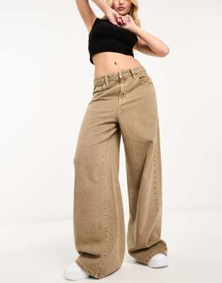 Stradivarius super wide leg jean in faded brown vintage wash  - ASOS Price Checker