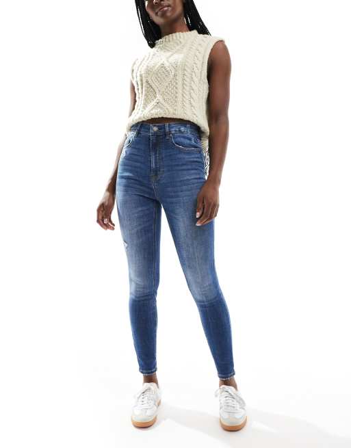 Stradivarius - Superhøjtaljede skinny-jeans i mellemvasket blå