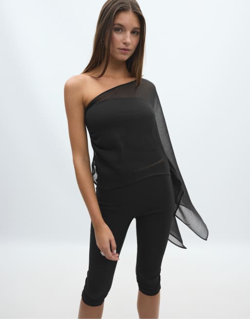 Stradivarius – Svart, asymmetrisk topp med drapering, 2 av 4